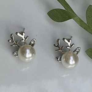 Silver Faux Pearl Reindeer Earrings